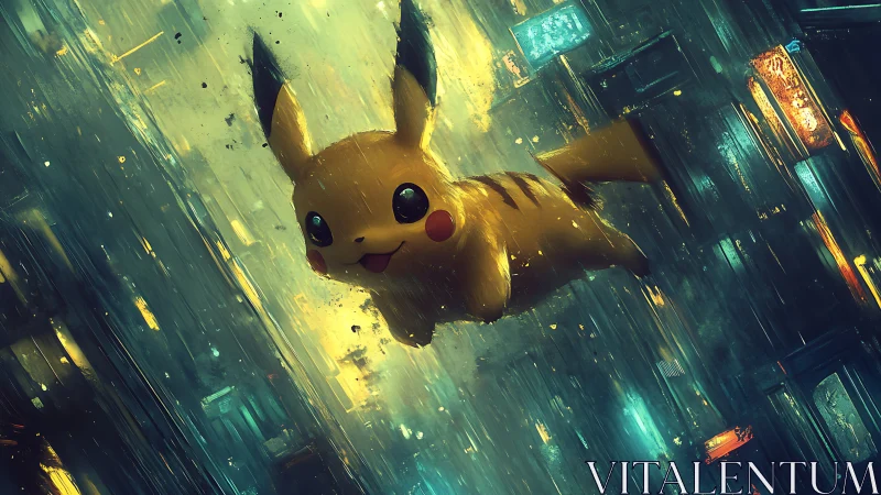 Pikachu moves through a rain soaked futuristic neon cityscape