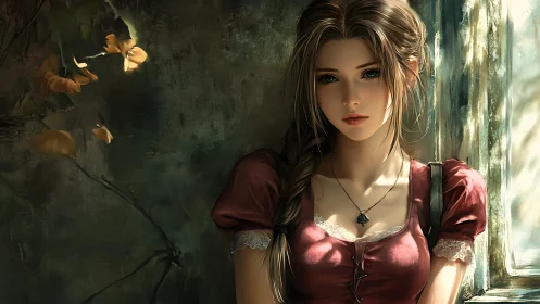 Young woman by window in detailed digital portrait scene.