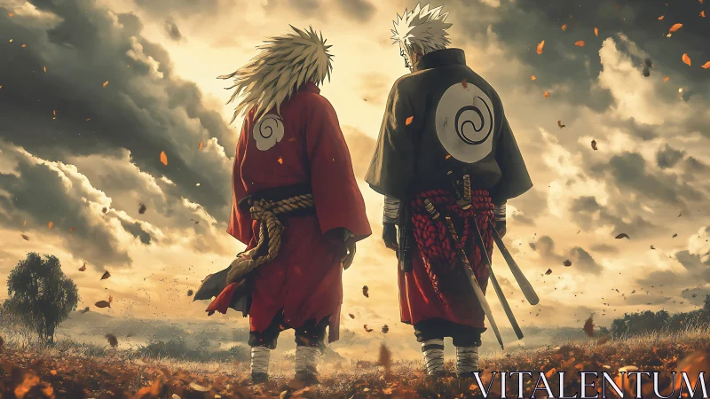 Two anime warriors standing in windy autumn field.