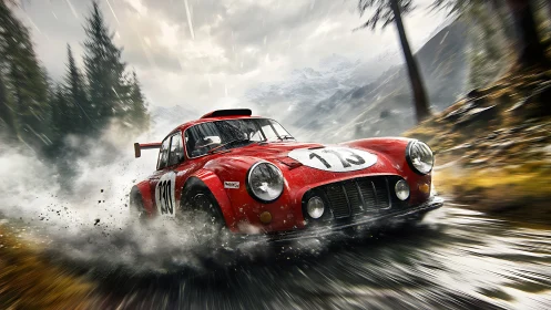 Red rally car on wet forest road with water spray motion.