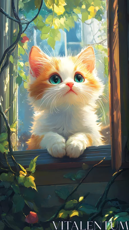 Orange and White Kitten Portrait with Turquoise Eyes at Window.