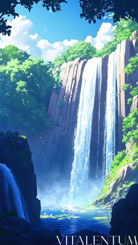 Sunlit forest waterfall cascades into vivid blue pool.