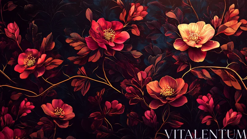 Digital rendering of botanical arrangement with red and orange flowers on dark background.