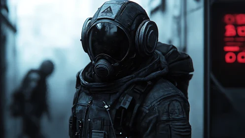 Cinematic cyberpunk hazmat operator in fogged corridor.