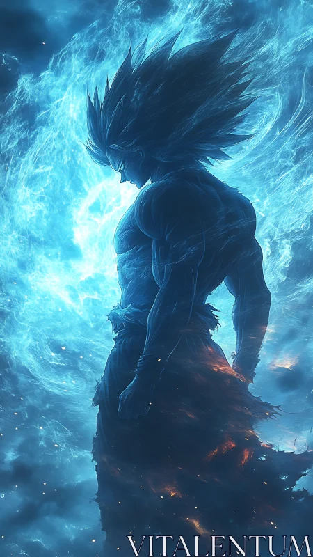 Blazing warrior stands calm within a storm of blue energy