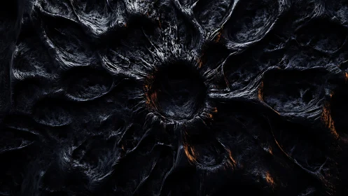 Dark radial textured surface forms central crater-like void