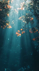 Sunlit branches with falling petals in teal forest air.