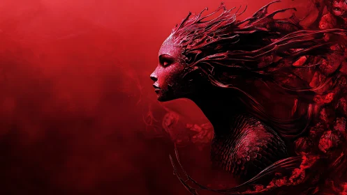 Crimson biomechanical siren rendered with organic scales and tendrils