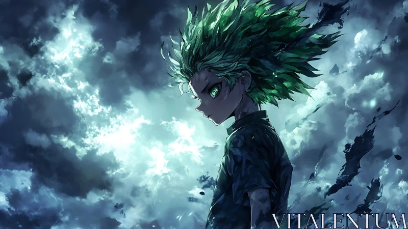 Stormlit anime boy with glowing green energy gaze.