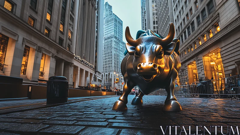 Bronze bull sculpture dominates low-angle urban streetscape