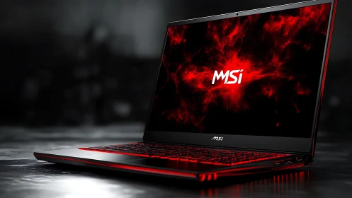Photorealistic MSI gaming laptop with red luminous accents.