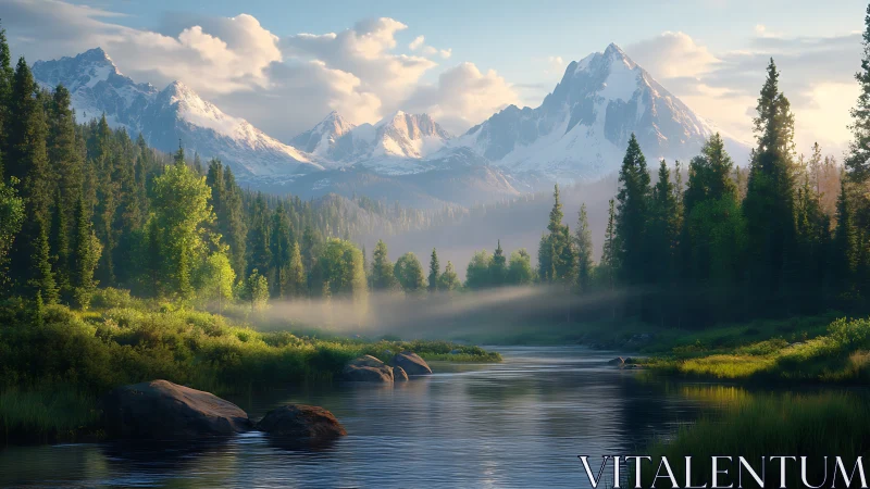 Mountain river valley with conifer forest and morning mist.