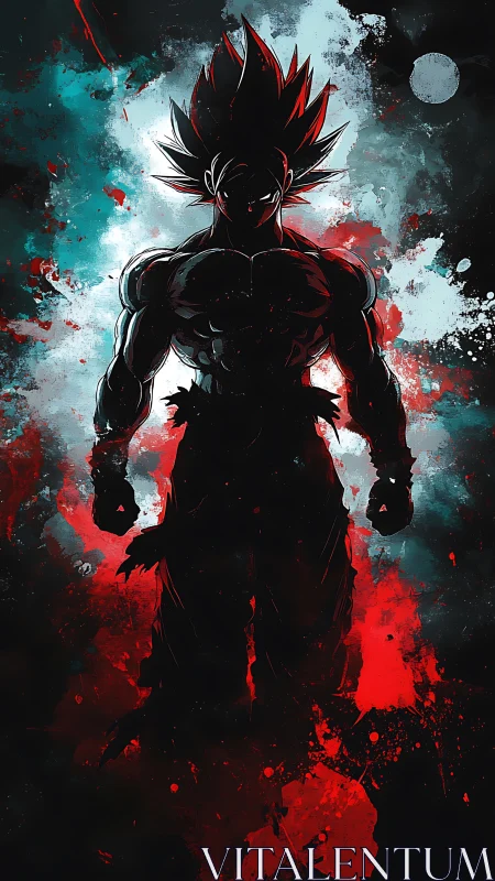 Brooding anime warrior framed by bold cosmic colors.