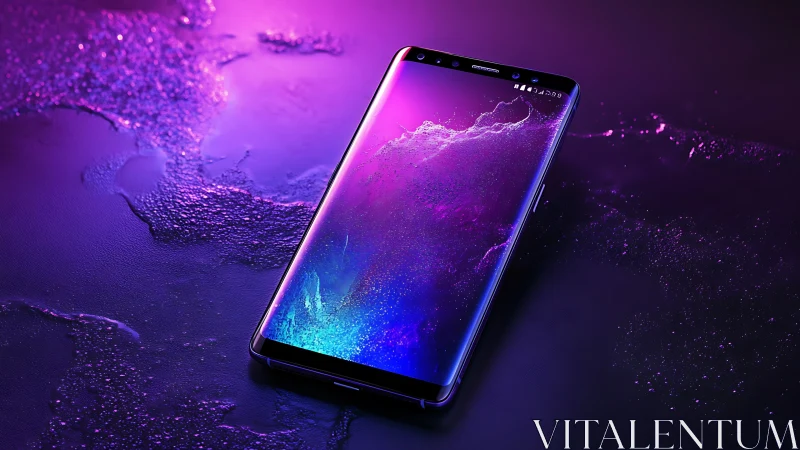 Smartphone With Neon Purple-Blue Wallpaper.