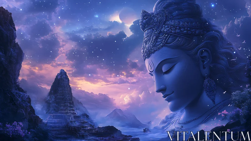 Serene celestial deity watches over a starlit mountain realm