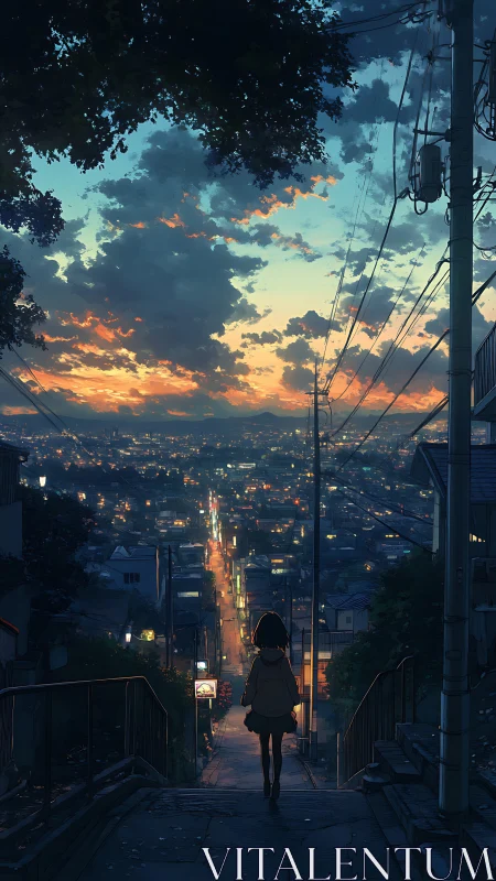 Twilight hillside street overlooking illuminated city grid