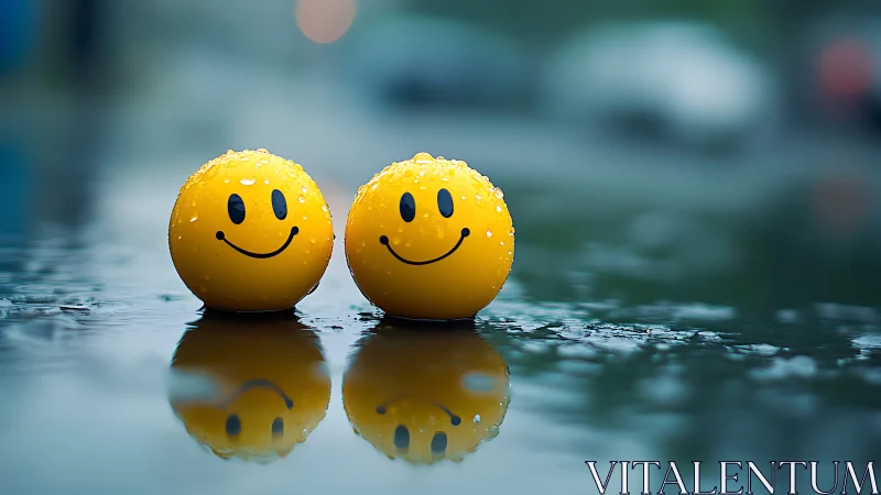 Twin smiley spheres on wet pavement with soft reflections.