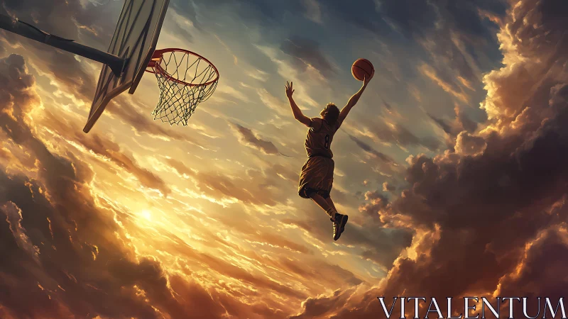 Sunlit basketball leap stretches toward a glowing sky hoop