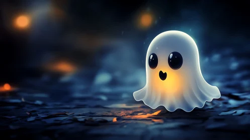 Glowing kawaii ghost rendered in cinematic shallow depth of field