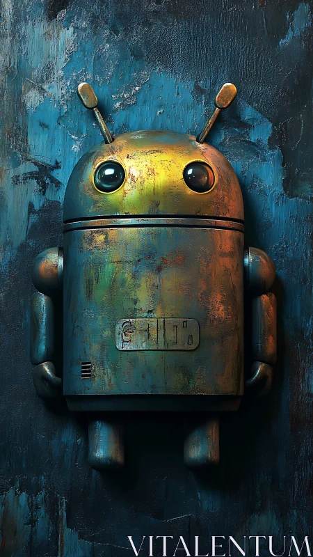 Rust-tinted android mascot dreaming in teal shadows.
