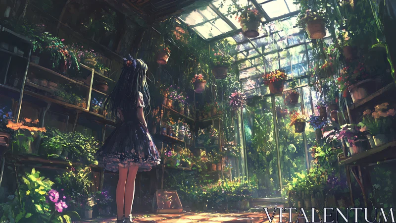 Midnight-dressed girl wandering a sun-drenched glass garden.