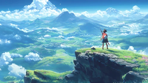 Heroic figure overlooking expansive sunlit valley vista.