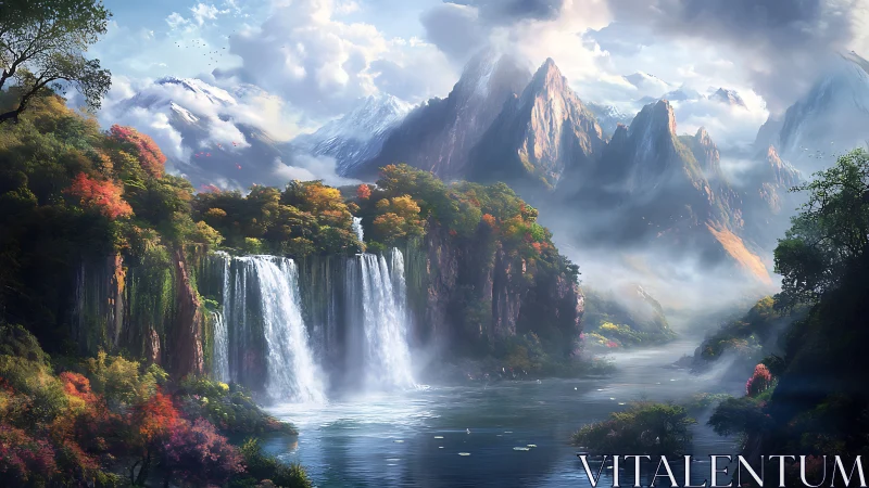 Multi-tier waterfalls in misty alpine valley with autumn canopy