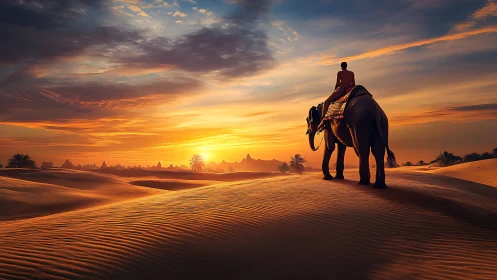 Elephant rider crossing sunlit desert dunes at radiant sunset.