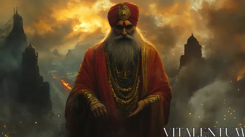Regal turbaned elder amid burning temples and storm clouds