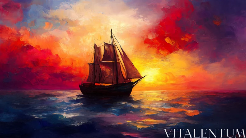 Chromatic seascape with silhouetted cutter under radiant sunset.