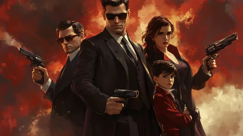 Stylish vigilante family stands united in blazing dusk.