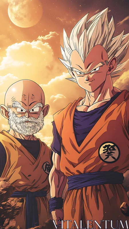 Martial duo in cel-shaded sunset anime battle pose.