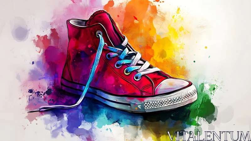 Red sneaker illustration sits on multicolored paint splash ground
