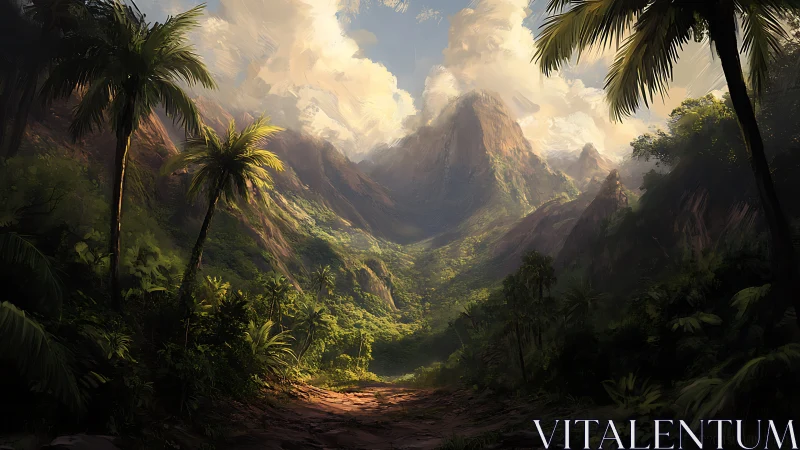 Tropical Mountain Valley with Ancient Palms and Mist.