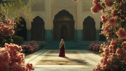 Quiet garden courtyard with a lone figure in soft bloom light.