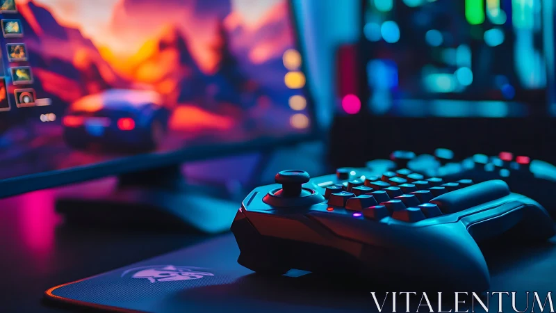 Game controller and monitor in illuminated desktop setup.