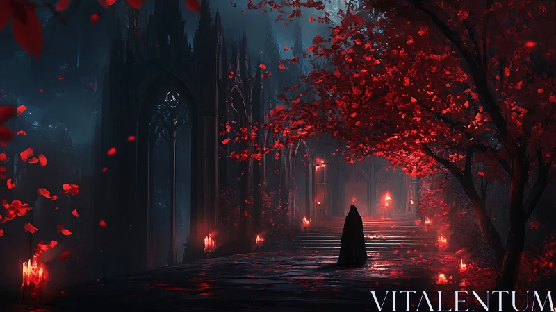 Shrouded wanderer on crimson-lit path to gothic cathedral.