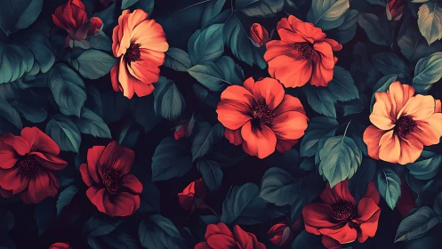 Stunning Red and Coral Flowers Bloom Among Lush Dark Green Foliage