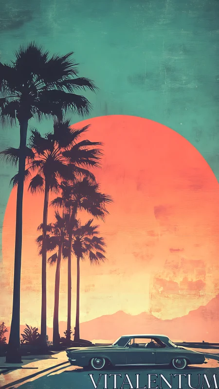 Neon sun melts over palm-lined boulevard and vintage coupe.