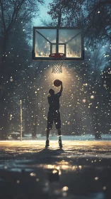 Winter night basketball silhouette under falling snow.