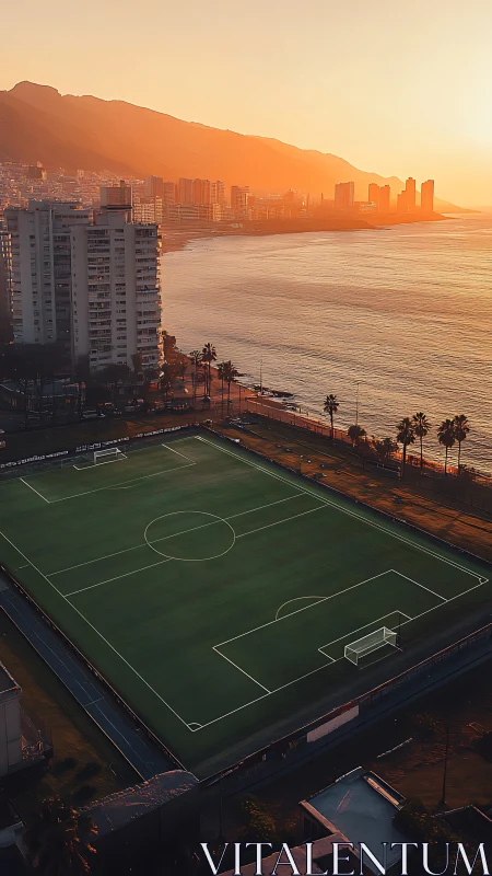 Urban coastal football pitch is viewed from elevated perspective