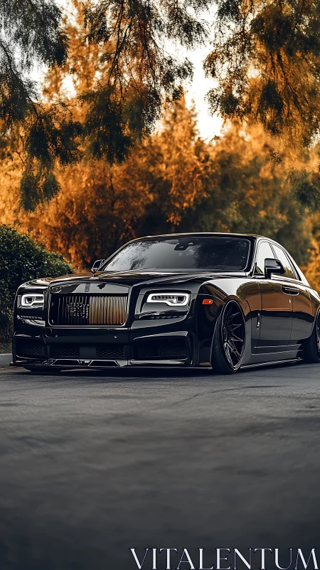 Black luxury sedan under golden foliage with low-angle view.