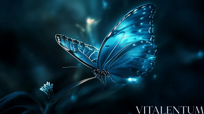 Bioluminescent blue butterfly rendered in high-contrast digital art