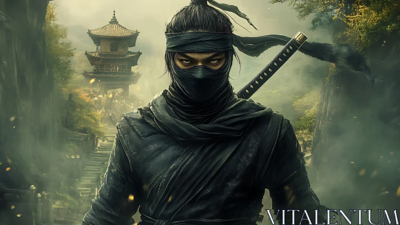 Masked ninja stalks a misty mountain temple in tense silence