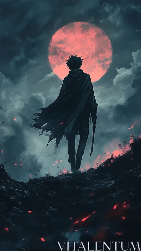 Backlit swordsman under crimson supermoon in stormscape.