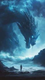 Lone figure confronts colossal ice dragon in stormy seascape