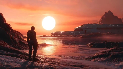 Lone astronaut surveys alien shore under blazing sunset star
