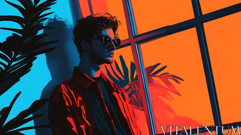 Stylish man stands in neon window light with bold shadows