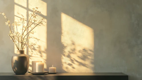 Minimalist sideboard with vase and candles in warm light.