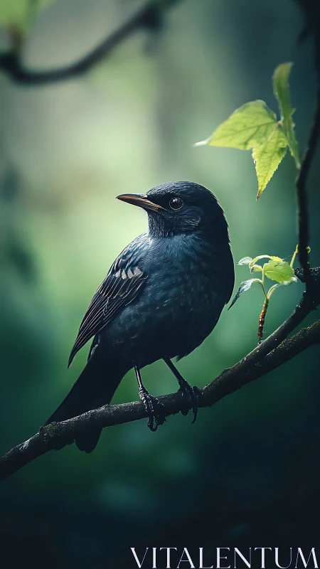 Black bird perched on branch with verdant foliage